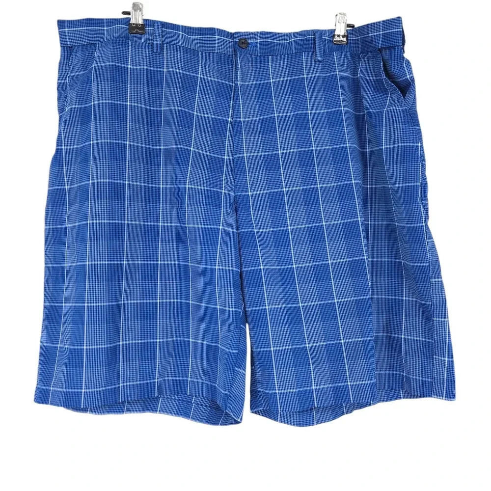 PGA Tour Golf Shorts Blue Plaid High Rise Lightweight Stretch Waist